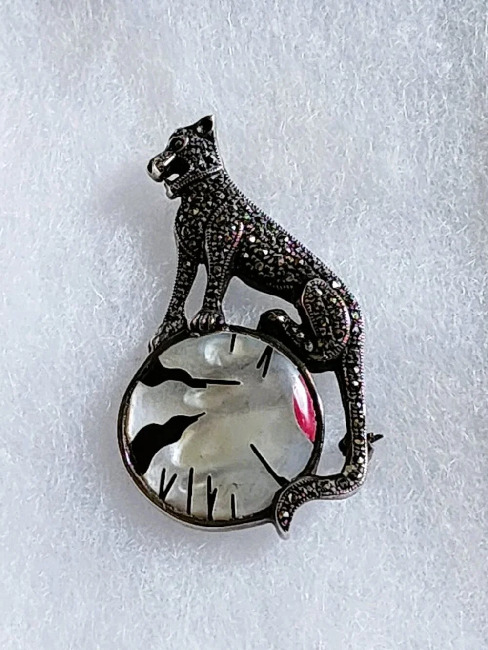 VTG 1980s Art Deco Sterling Silver Marcasite Panther Mother of Pearl Brooch 925